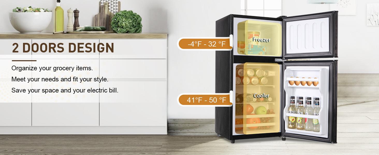 Mini Fridge with Freezer, 3.3 Cu. Ft. Double-Door Small Refrigerator with Adjustable 7-Level Thermostat & Separate Freezer, Dorm Fridge Compact for Kichen, RV, Office, Apartment, Silver mini fridges mini fridge