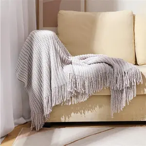 Solid Color Tassel Knitted Throw Blanket, 1 Count Soft Air-conditioned Room Blanket, Warm Nap Blanket for Home Office Travel Bedroom
