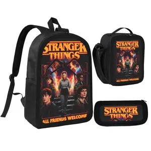 Stranger Things Collaboration Student Backpack Set Black Backpack Lunch Bag Pencil Case 3 Piece Classic Character Poster Design Orange Black Color Scheme All Friends Welcome Theme Unisex