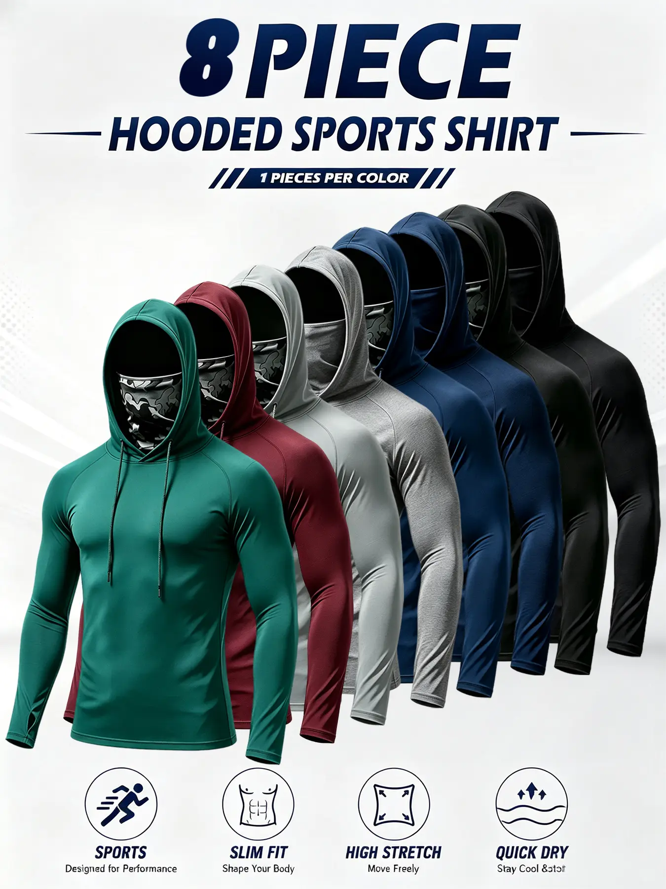 Men's Slim Fit Dry Fit Pullover Cover Up Hoodies with Built-in Mask, 8/4-Pack Plain Polyester Lounge Tops, Quick Dry Athletic Sportswear, Minimalist Sun Protection All Seasons Tops