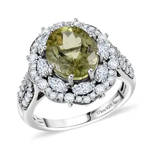 Premium Yellow Apatite and Moissanite 5.10 ctw Imperial Dawn Ring in Rhodium Over Sterling Silver Size 8 Christmas Gifts