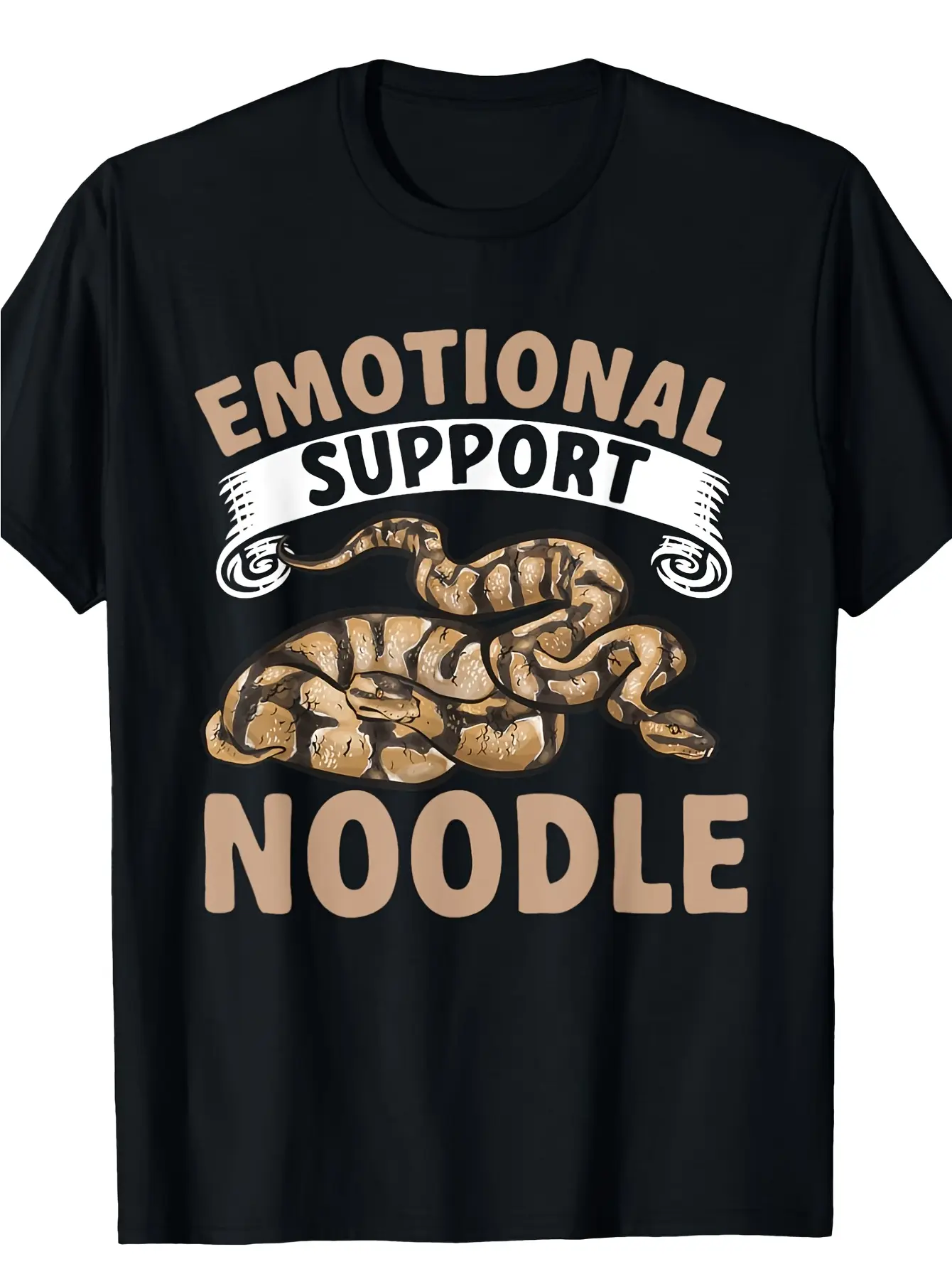 Men's Funny Emotional Support Noodle (Ball Python) Graphic T-Shirt - Soft Breathable  Cotton Relaxed Fit Tee - Black Shirt with Brown Snake Design - Casual Casual Attire Novelty Animal Lover Gift - Machine Washable Crew Neck Top Humorous Apparel Vinta