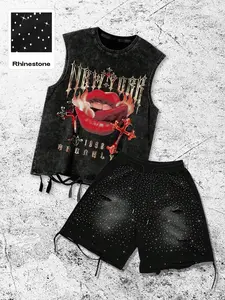 Men's Graphic Print Two-Piece Set, Matching Shorts Set, Lip Cross Letter Pattern, Cotton Washed Vest and Shorts, Casual Street Style, Perfect Gift for Boyfriend