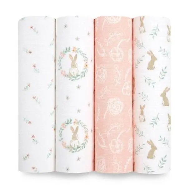 aden+anais Essentials 100% Cotton Swaddle Blankets - Blushing Bunnies Multiple Prints Baby Item - 4pk, for Bedtime Cozy Setup, Snug as a Bug in a Rug