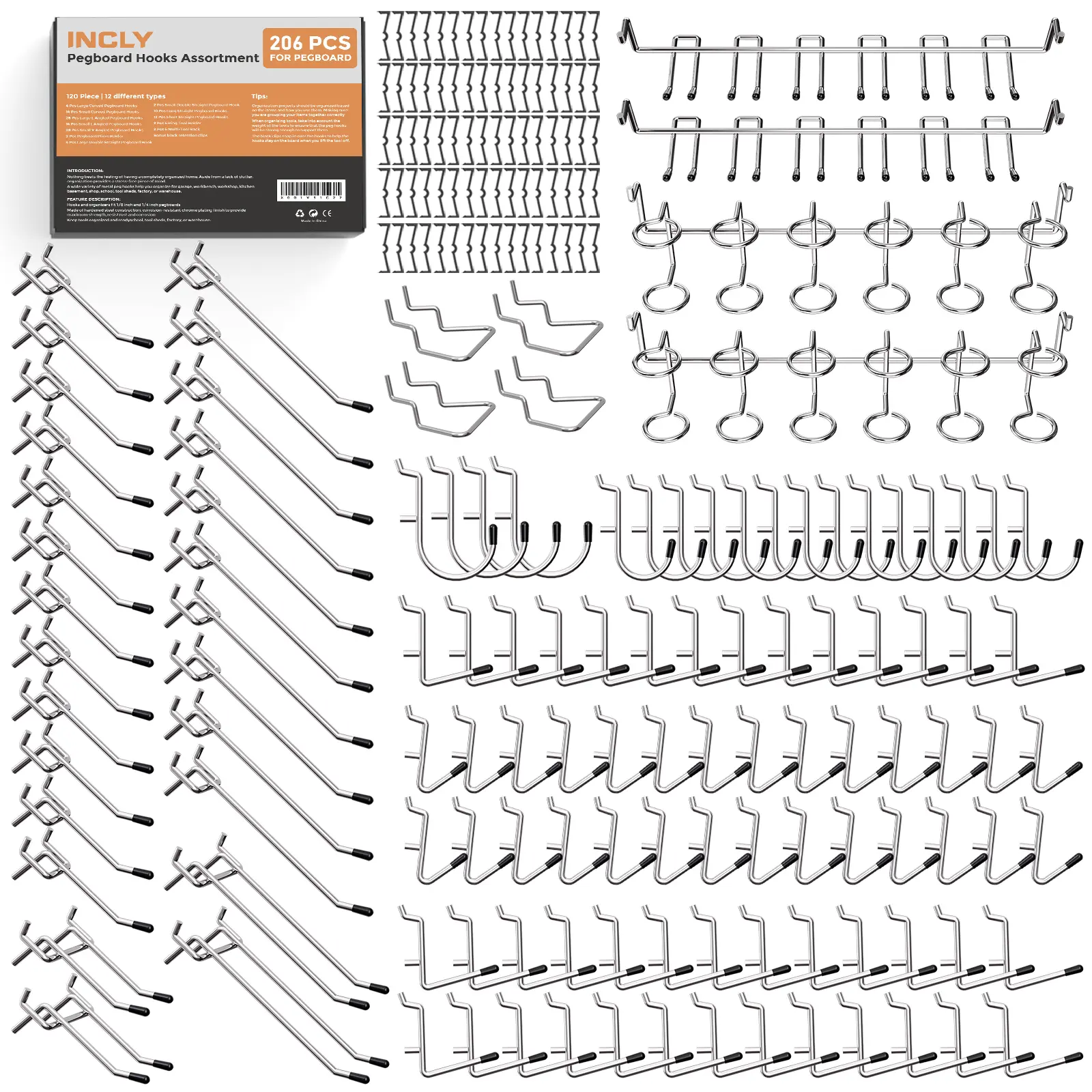 INCLY 206 Pack Heavy Duty Pegboard Hooks Set for Hanging Tools Fits 1/4 & 1/8 Inch Pegboards Ideal for Craft Garage Organization and Bin Attachments