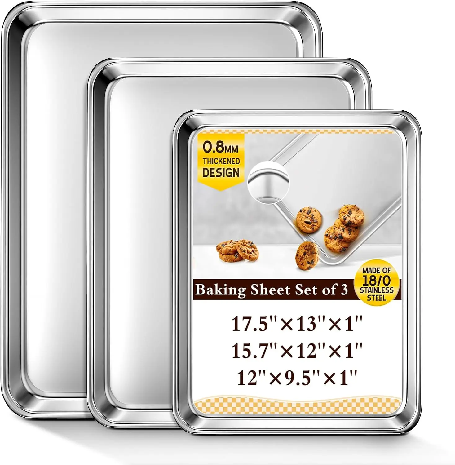 Baking Sheet Set of 3, Commercial Grade Stainless Steel Cookie Sheets for Baking, 12/16/17.5 Inch, Thicker and Firmer Baking Pans Set, Rust & Warp Resistant & Nonstick, &Heavy Duty&Easy Clean