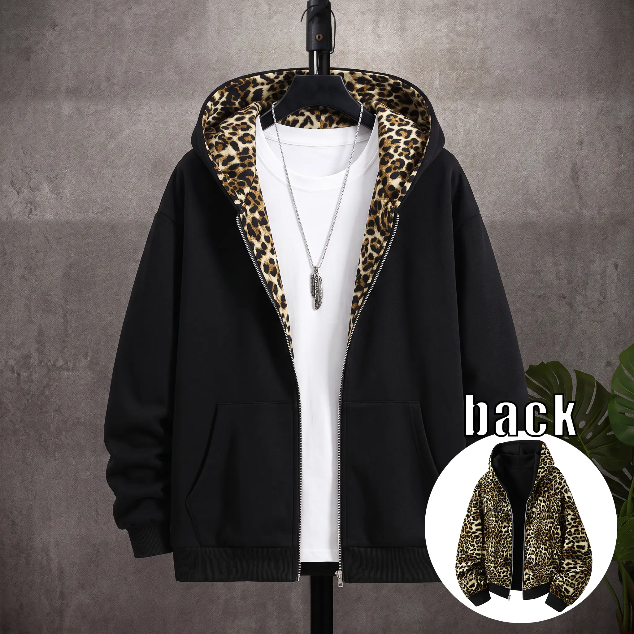 Men’s autumn loose casual hoodie, reversible with leopard print lining; retro slim-fit long-sleeve solid-color sweatshirt; menswear; suitable for everyday wear, commuting, and street style.