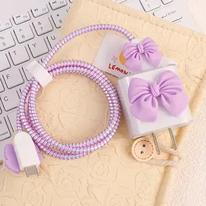 Cute Bow Decor Charger Protective Case Set, Anti-breaking Charger Head Saver & Data Cable Protector, Mobile Phone Accessories for iPhone 18W/20W Charger USB Cable