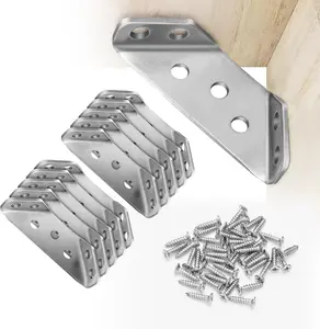 10Pcs Heavy Duty Stainless Steel Corner Brace with Screws Set, Universal Triangle Support L Shape Bracket, Suitable for Wooden Furniture Bookshelves Drawers Cabinets Table and Chairs, (10pcs Angle Brackets 90 Degrees + 70pcs Self Tapping Screws)