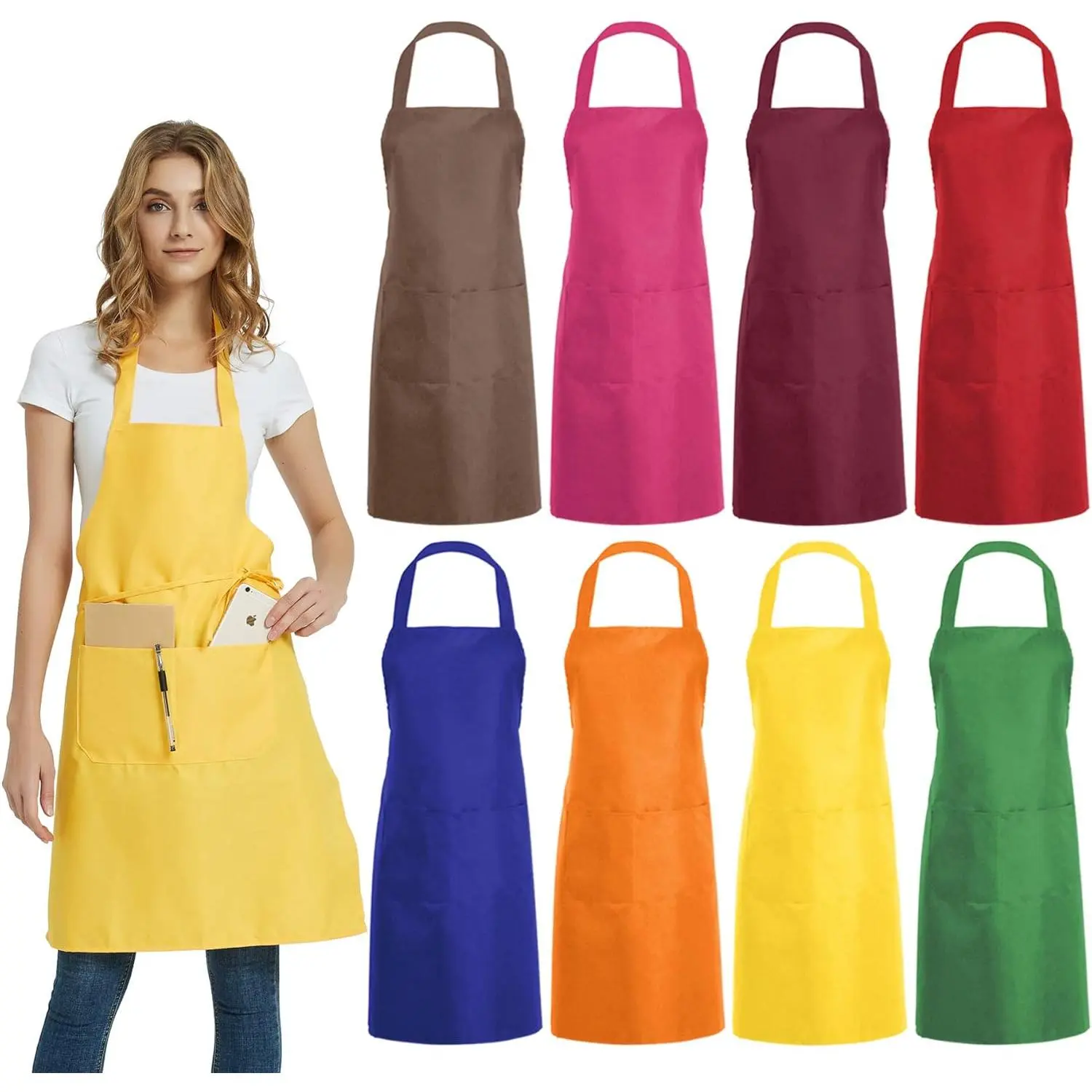 8 count Plain Bib Aprons Bulk - Mixed Color Commercial Apron with 2 Pockets for Kitchen Cooking Restaurant BBQ Painting Crafting