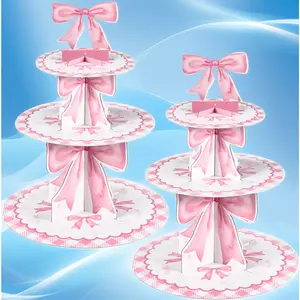 2pcs 3 Tier Pink Bow Cake Stand Birthday Party Decorations Cake Stand Pink Bow Dessert Tower for Wedding Garden Birthday Party Supplies