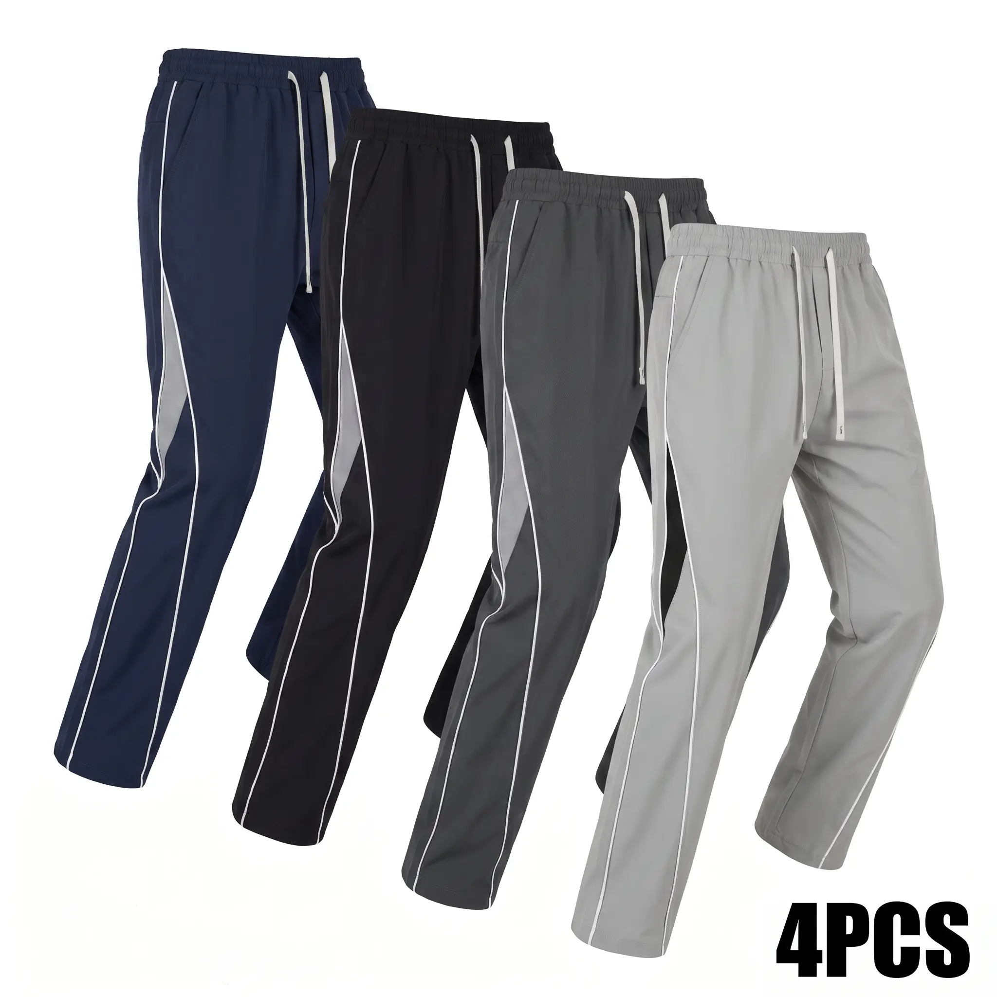 Men’s Street Style Joggers – 4-Pack Lightweight Polyester Sport Pants with Side Stripes, Pockets, and Drawstring Waistband; Casual Athletic Pants Suitable for Everyday Wear; Streetwear Joggers with a Glossy Finish