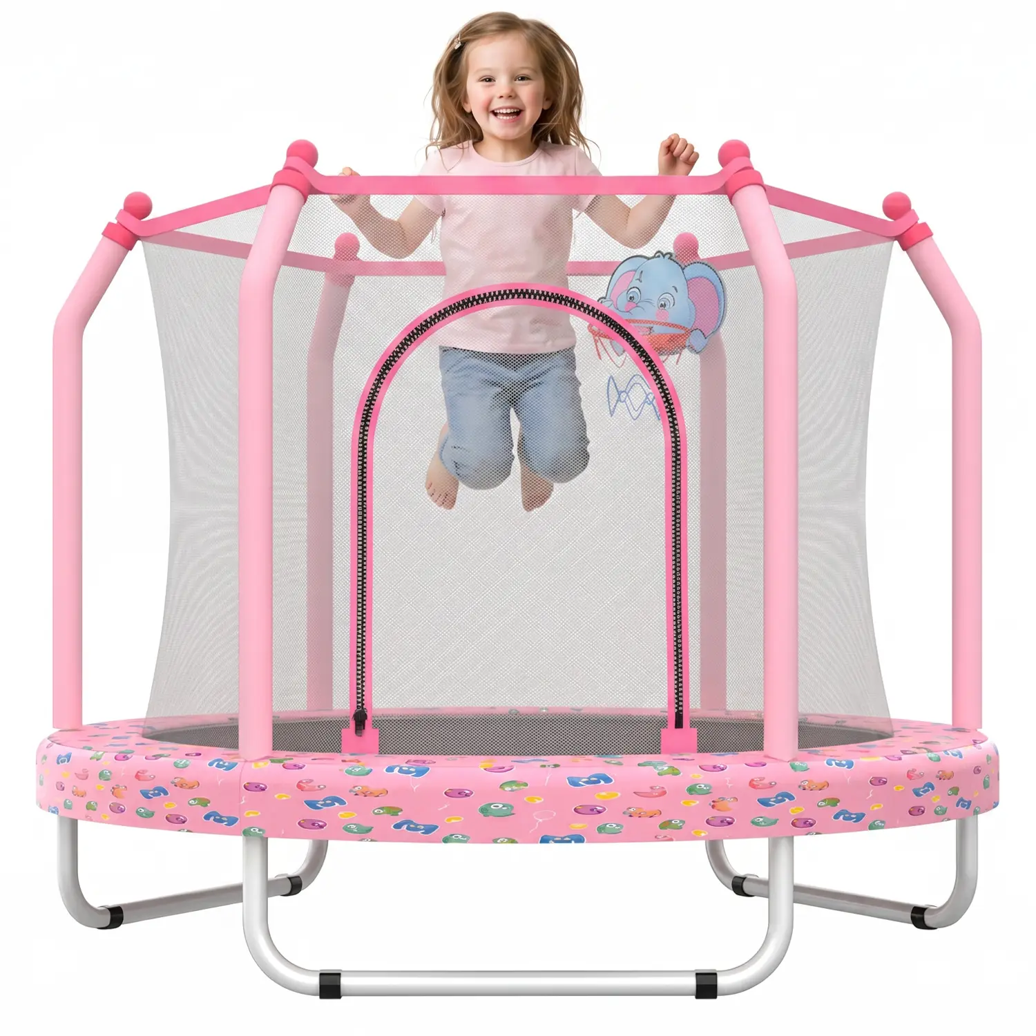 Mersco 55 inch Toddler Trampoline, Mini Round Trampoline for Kids with Enclosure and Basketball Hoop, Small Trampoline Gift for Boys Girls, Pink, Halloween Gift,fall decorations, Indoor Outdoor Trampoline, Safety Net