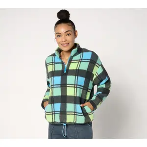 QVC Belle by Kim Gravel Women's Mad for Plaid Sherpa Half-Zip Jacket with Bungee Tie