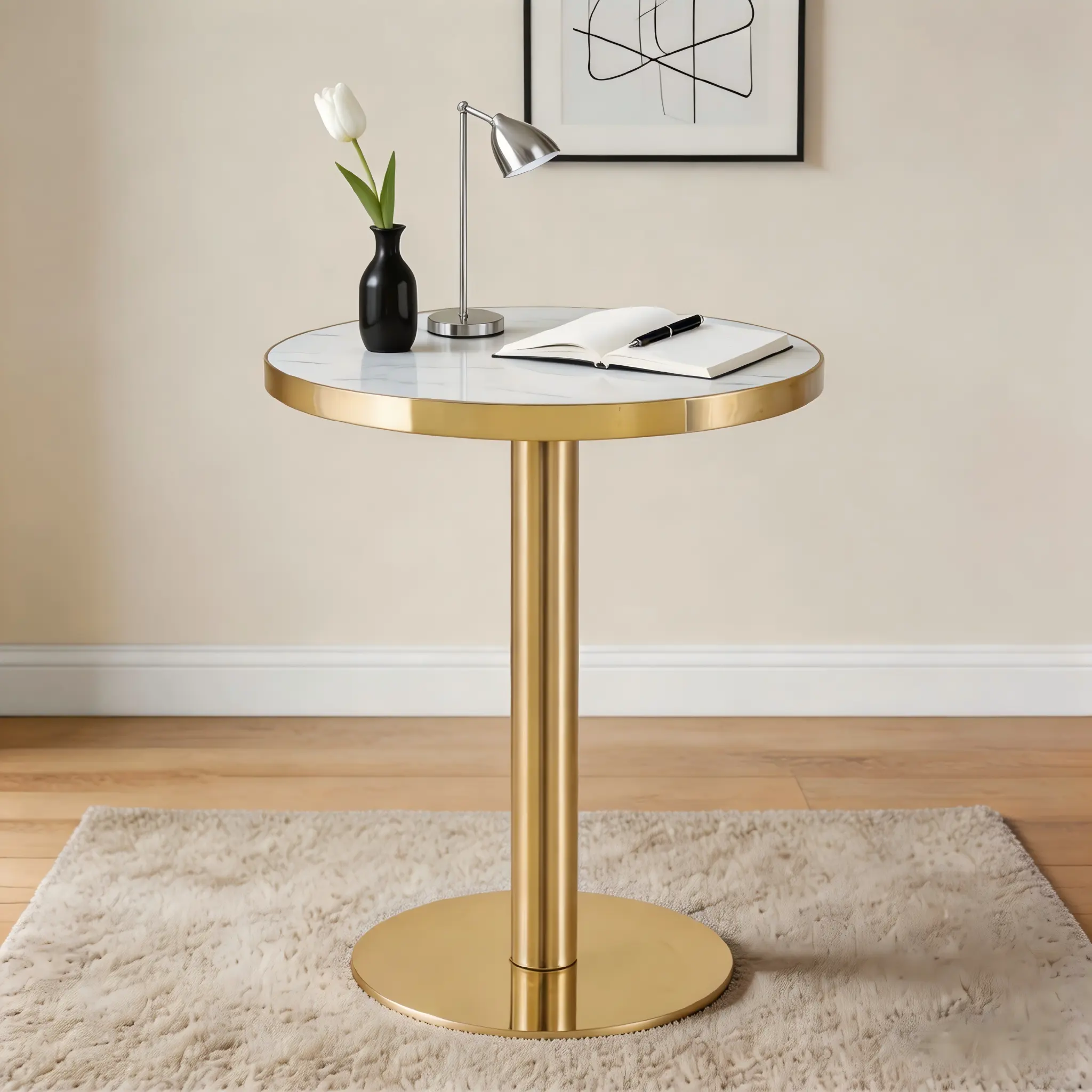 Round Coffee Table 23.6" with Marble-Look MDF Top, Gold Stainless Steel Trim, Metal Pedestal Base – Modern Light Luxury Accent for Living Room, Bedroom, Office – Color Choices Available