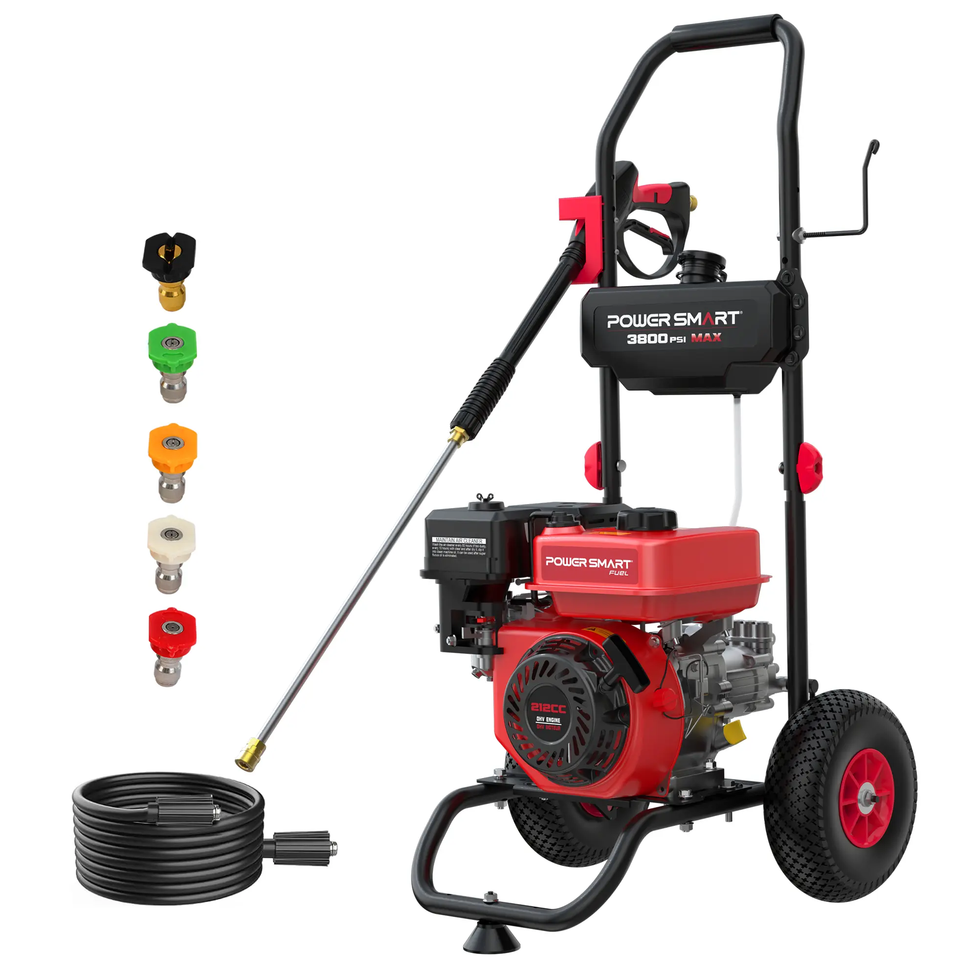 PowerSmart Portable Pressure Washer (DL1038A) - 3800 PSI Max, 2.5 GPM Max, 212CC Engine, Metal Frame, 10" Wheel Roll, Onboard Soap Tank, Metal Spray Wand, 5 Nozzles, Accessories Set, for Heavy Duty Cleaning of Cars, Driveway, Pressure Washer Accessories,