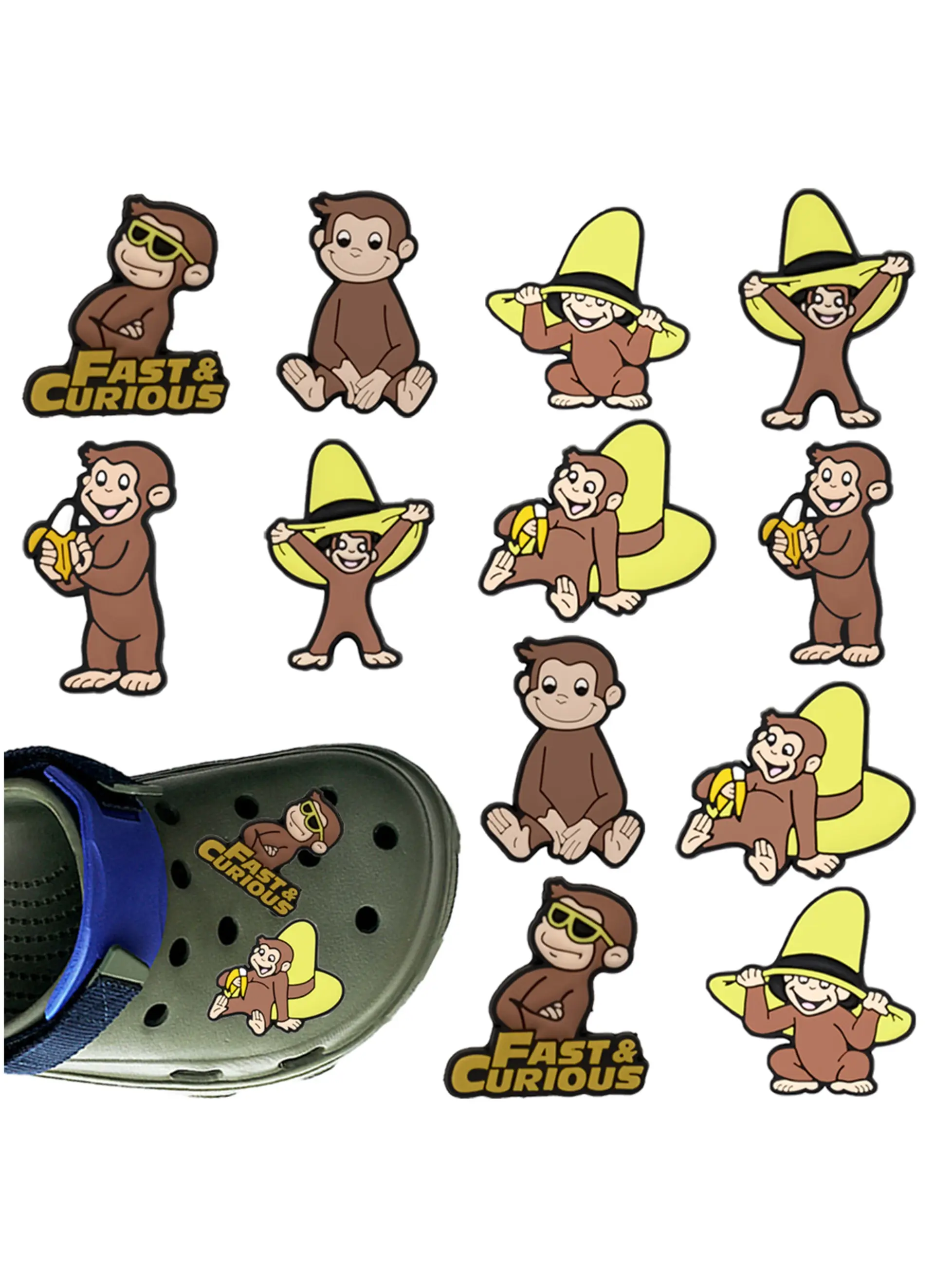 12Pcs Cute George Cartoon Shoe Accessories, Detachable DIY Decorative Shoe Charms Set, Shoe Charms For Sneakers, Perfect for Holey Shoes, Footwear and Beach Bag Decorations, Shoe Embellishment Set