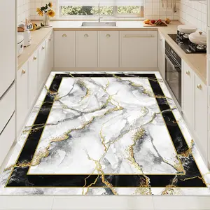 Crystal Velvet Gold Marble Kitchen Rug, Non-Slip Waterproof Durable Structure, Easy to Clean, Ideal for Large Kitchen Spaces