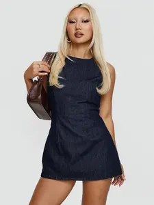 Ainsleigh Shift Denim Playsuit Dark Wash Petite, Women’s Tie Back Denim Romper with Built In Shorts
