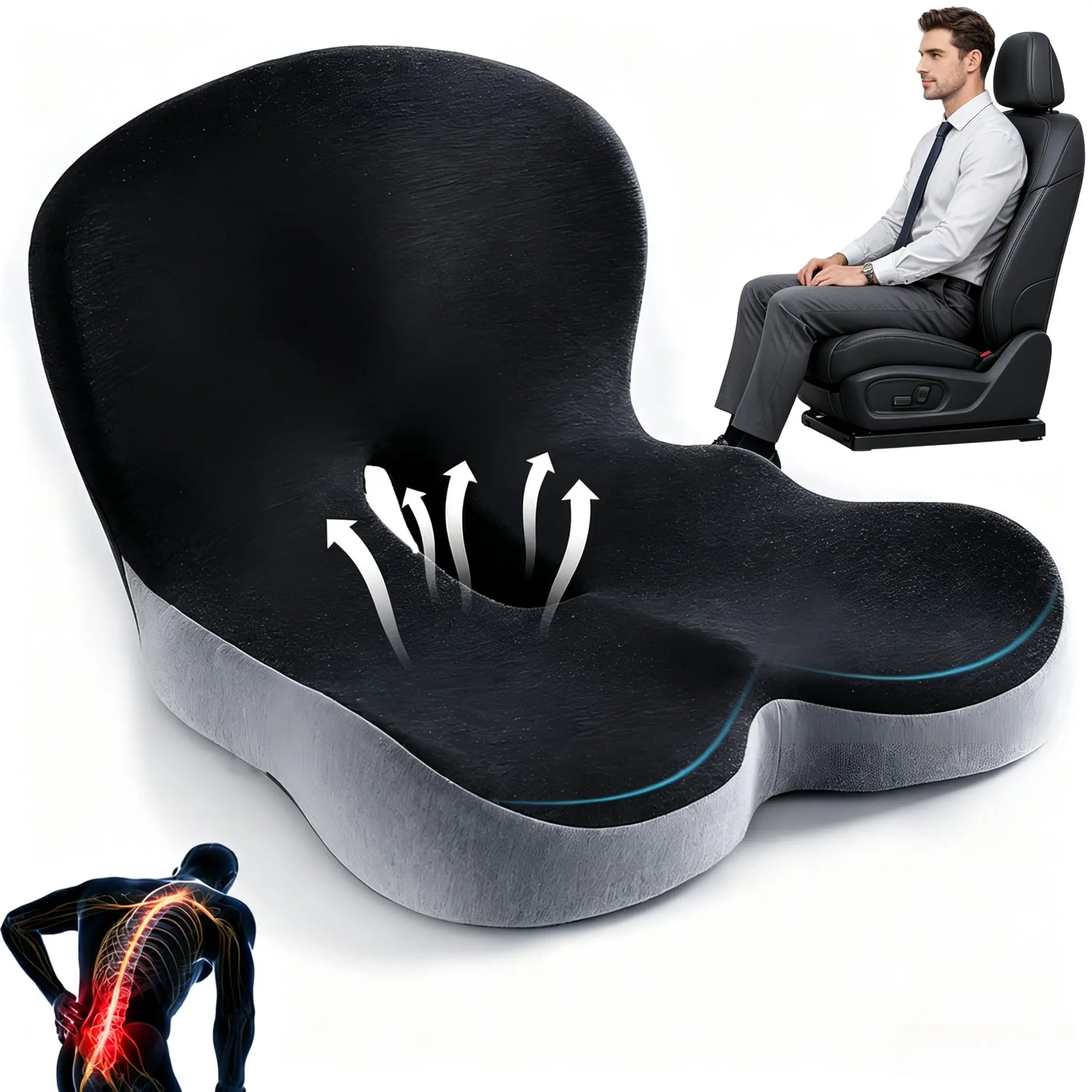 <Back to School> Ergonomic Postural Support Seat Cushion, 1-Size Memory Foam Pad with Fixing Back Strap, Stress Relief for Car/Office Chairs, Reduces Tailbone & Lower Back Pressure, Relaxation Furniture Accessory
