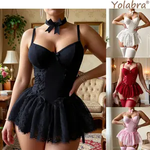 Large Size Sexy Camisole Pajamas Set Lace Mesh Pure Desire Style Bow Decor Shaping Slim Fit Soft Breathable Fabric Comfortable Nightgown Sleepwear Suit For Daily Home Wear Bedroom Honeymoon Date Nights Special Romantic Occasions