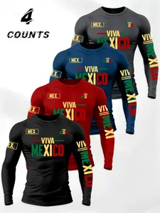 Men's Mexican Theme Letter Flag Long Sleeve T-Shirt Set, Prints, Round Neck Design, Multi-Functional Daily Wear, Durable Comfort Fit