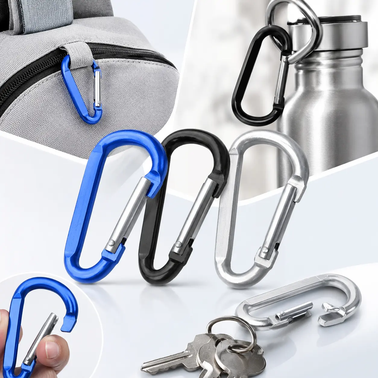 D-Shape Aluminum Carabiner Clips, 6-Pack 3-Inch Small Lightweight Quick Attach Clips for Adults' Outdoor Keychains, Everyday Carry, Traveling, Classic Shape, Home Storage, Lightweight Clip