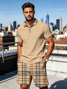 Luxury Men's Plaid Casual Set, Polo Shirt + Plaid Shorts Two-Piece, Stylish and Comfortable Fashion Ensemble for Everyday Wear