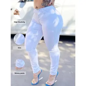 Women's Plus Size White Plain Skinny Jeans, High-Stretch Denim, Ankle-Length, Basic Style, Casual Fashion Pants Womenswear Bottom
