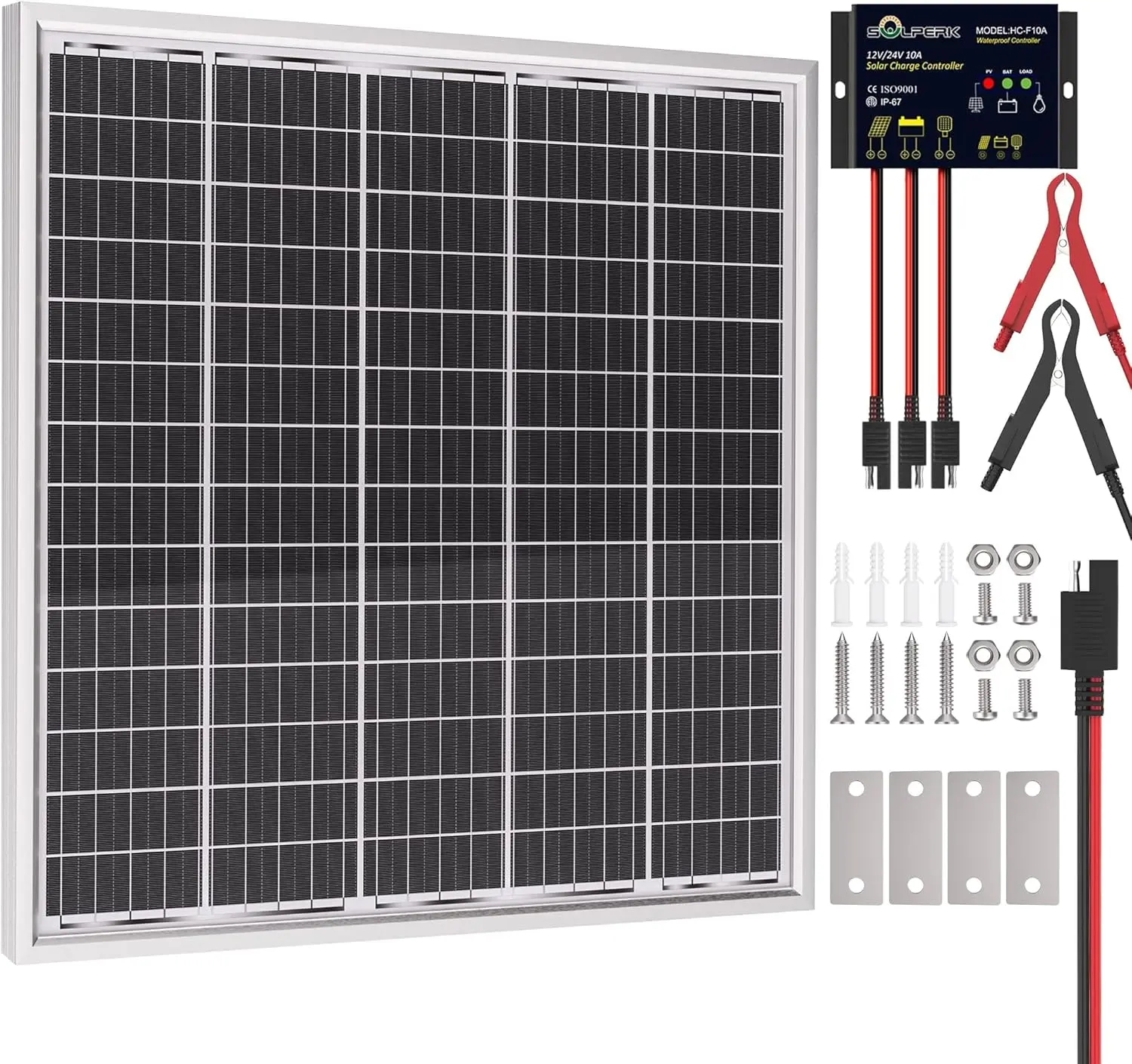 SOLPERK 50W 24V Portable High Efficiency Tempered Glass Solar Panel with 10A Smart Charge Controller, 2400pa Wind Safe Waterproof Trickle Charger Maintainer, Built to Last for Trailer, Boat, Lawn Mowers, Household Appliance Parts & Accessories