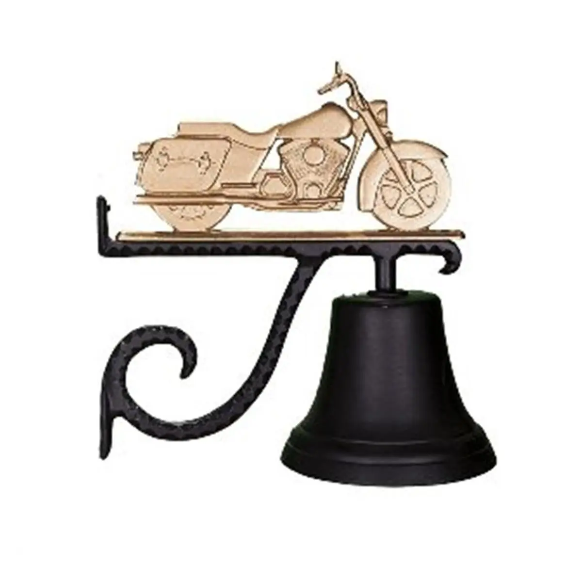 Baked Enamel Gold Bronze Cast Bell Ornament - 7.75 in. Diam Satin-Aluminium Hanging Decor, Motorcycle-Themed Decorative Home Festive Supply with 6 in. High, 9 in. High, 11 in. Long Measurements, Outdoor Mount Compatible
