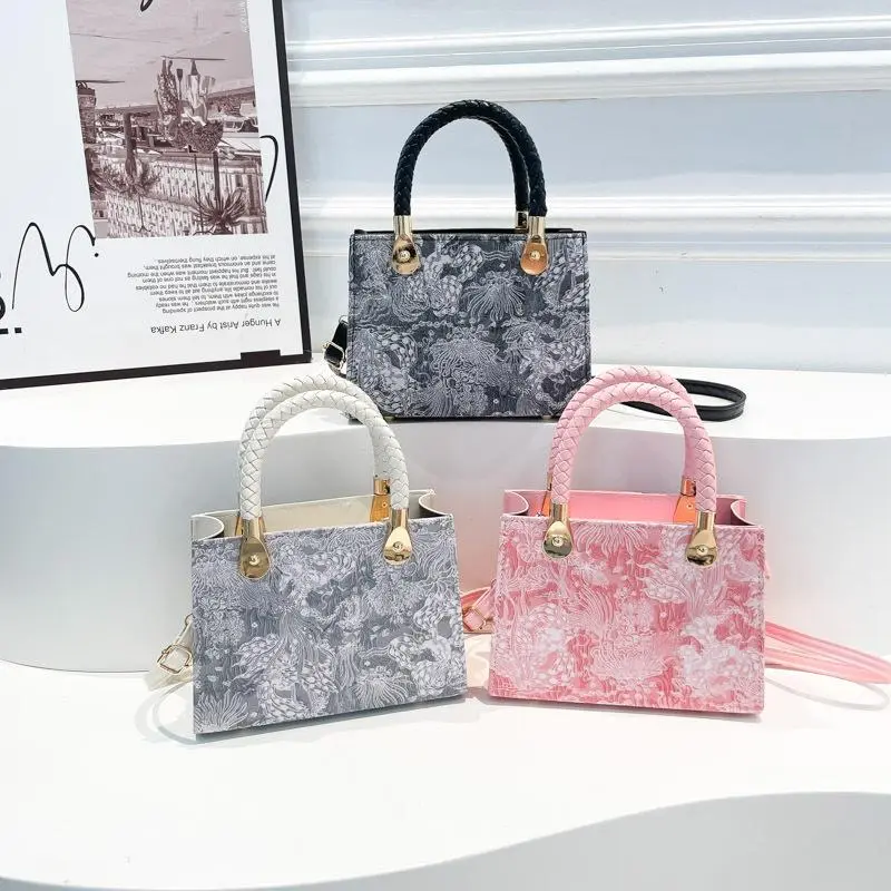 Textured light luxury portable small square bag women's bag spring and summer new woven flower versatile shoulder bag commuter messenger bag, Casual Trendy Purses, Handheld Bag Purse