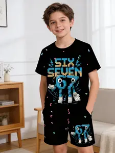 Boys' Pixel Mechanical 67 Print Set, Fashion Casual Fitted Top and Short Track Pants, Comfortable Outdoor T-Shirt and Shorts, Outfits Set