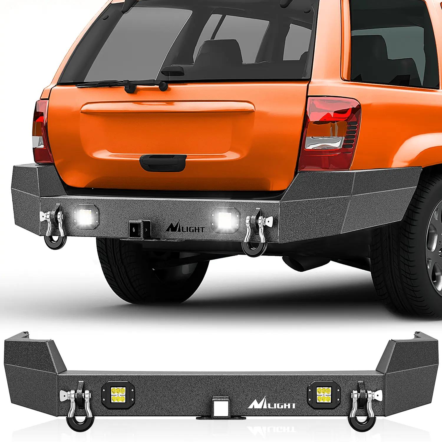 Nilight Rear Bumper Kit for 1999-2004 Jeep Grand Cherokee WJ, Offroad Rustproof Metal Bumper with 2in Hitch Receiver, 2in Steel Tubing, 2pcs 18W LED Light Pods, D-Rings, 1 Set of Screws, Shackle Mounts, Textured Black Finish, High Strength & Durability, F