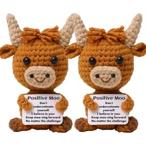 Funny Positive Highland Cow, Knitted Wool Cow Toy with Positive Card - Creative Cute Crochet Doll Emotional Support Cheer Up Keepsake Gift for Friends, Women, Student, Christmas