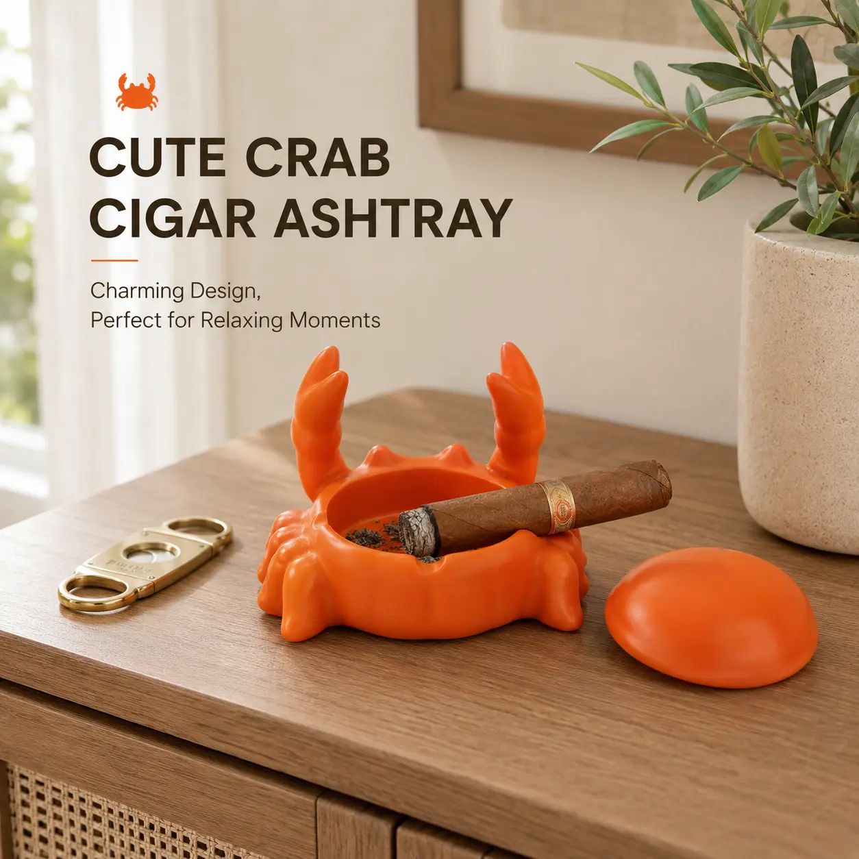 Cute Crab Cigar Ashtray with Lid, Unique Resin Desktop Ashtray for Cigar Lovers, Decorative Cigar Accessory Holder, Funny Gift for Men, Home Bar Office Decor