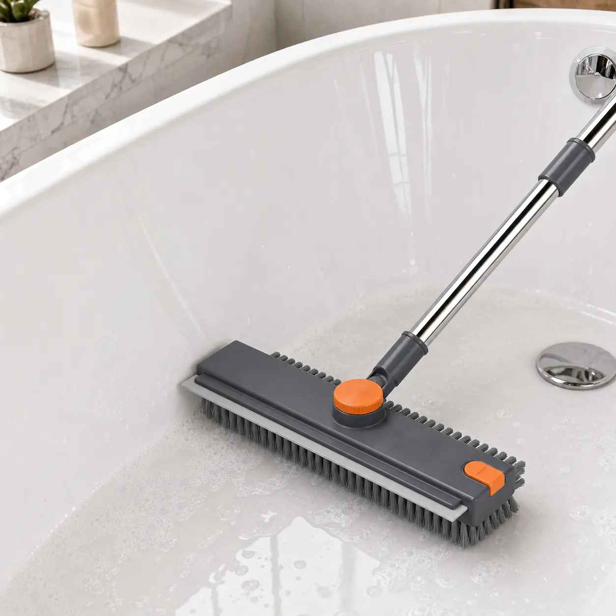 2-in-1 Floor Scrub Brush with Long Adjustable Handle and Squeegee, Heavy Duty Stiff Bristle Bathtub Scrubber, Shower Cleaning Brush and Bathroom Floor Cleaner for Tub, Tile, Grout, Kitchen, Patio & Garage Extendable