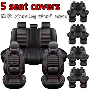 Luxury Car Seat Covers 5 Seat Set with Steering Wheel Cover Black Red Trim Universal Fit PU Leather for Various Vehicles