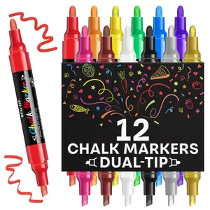 12 Colors Dual Tip Liquid Chalk Markers - Erasable Chalk Markers for Blackboard, Chalkboard Signs, Glass, Chalk Pens Wet Erase Makers for Bar Menu, Shcool,Wedding Sign, Just Married Car Windows Decorations