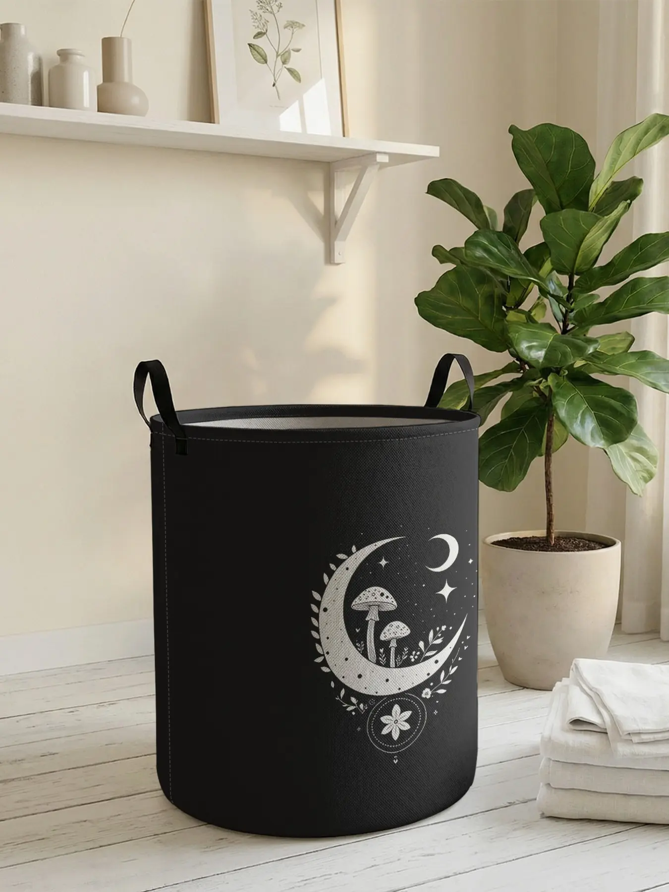 Moon Mushroom Printed Laundry Basket with Handle, Durable Foldable Home Storage Bin, Large Capacity Toy Organizer, Home Organization, All Seasons Use
