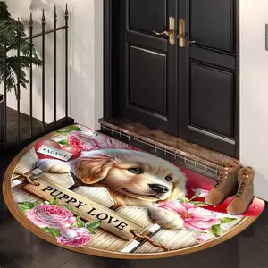 Half Round Fireplace Area Rug, Spring Plant Dog Pattern, Cute Style, Pet Friendly Non-Slip Mat, Soft Comfortable Plush Foot Pad