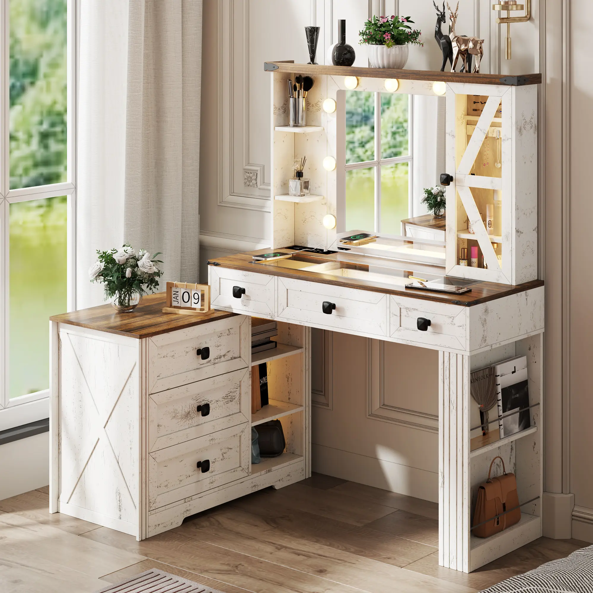 Dystler Makeup Vanity Desk Set with Mirror and Lights, 6 Drawers, 3-Color LED Lighting, Charging Station, Jewelry Cabinet, Farmhouse Style, Clear Glass Top, Ample Storage for Women