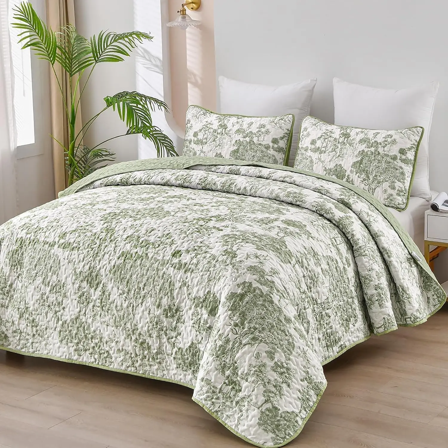 Juego de edredón botánico tamaño King, color verde salvia, 3 piezas con estampado de plantas florales, juego de ropa de cama de microfibra suave y ligera para todas las estaciones