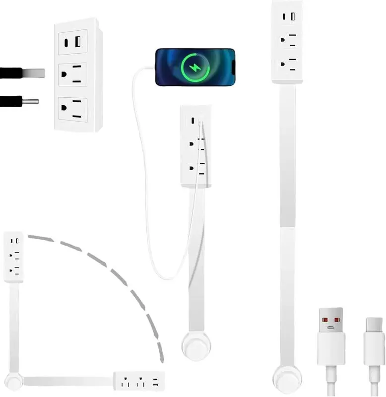 Expandable and Rotating Outlet Features USB-A, USB-C, and 2 Ac Outlets, Extendable Outlet Plug Extends 17"-27" , 180° Swivel, Socket Extender for Behind Couches Nightstands