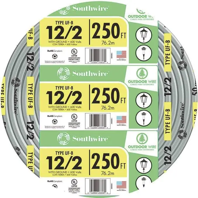 Southwire UF-B Underground Feeder Cable, 12/2 AWG — 250 ft, 600V