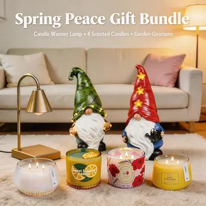 Spring Peace Gift Bundle: Gnomes & Candle Warmer Lamp &4 Scented Candles Glass Light Cozy Decor Aroma Ornaments Glossy Perfume Lemon Perfume Coconut
