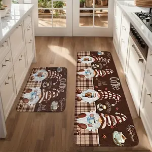2/3pcs Set Kitchen Decor Mat, Coffee Gnome Mat, Plaid Mat, Flannel Material, Anti-slip, Soft, Comfortable and Easy to Clean, Suitable for Bedroom, Living Room, Dining Room, Kitchen, Bathroom