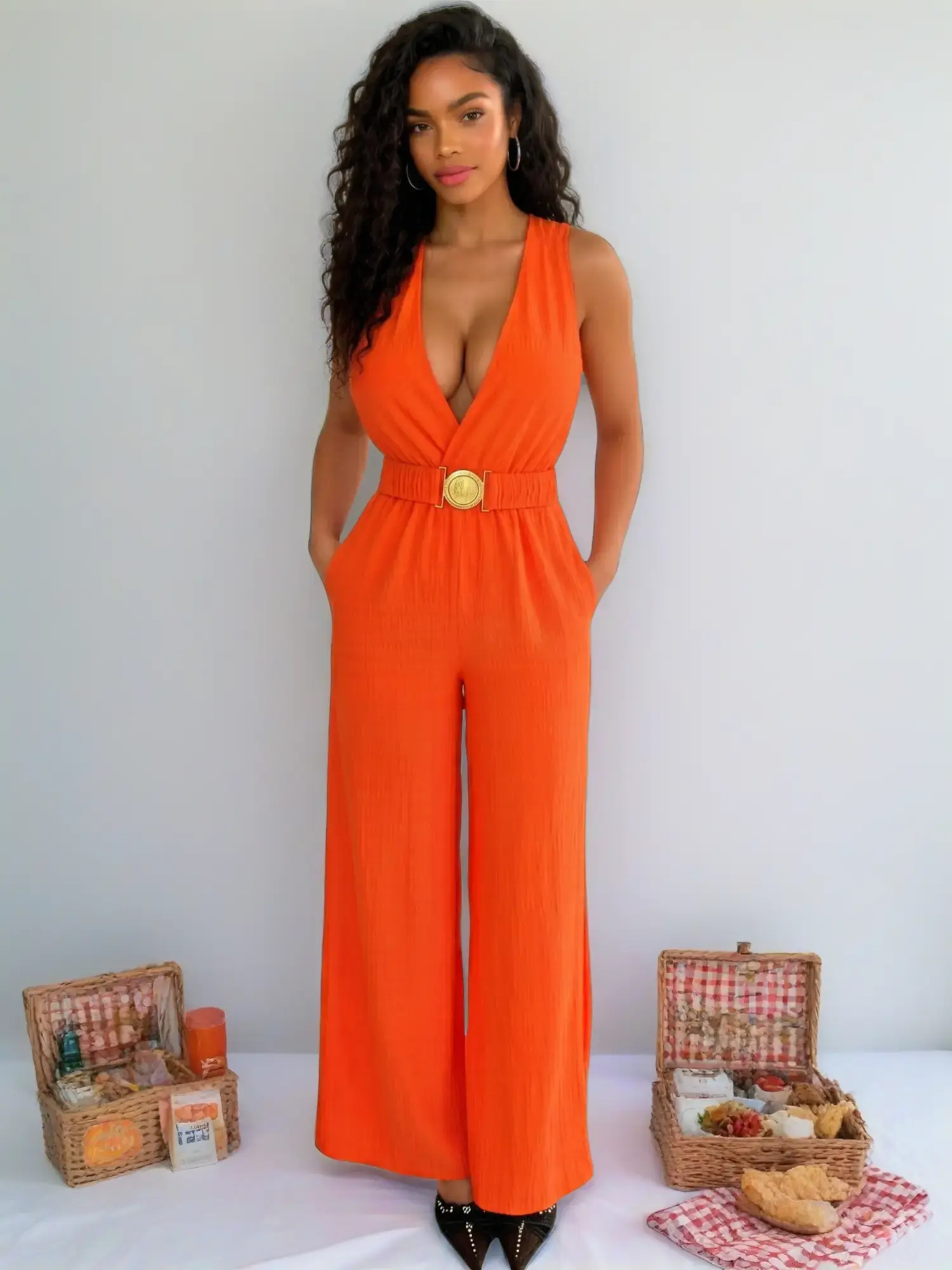 Jumpsuits for Women, High-Waisted Solid Wide-Leg Cut in Lightweight Wrinkle-Resistant Fabric, Ruched Full Length Design for Vacation & Commuting