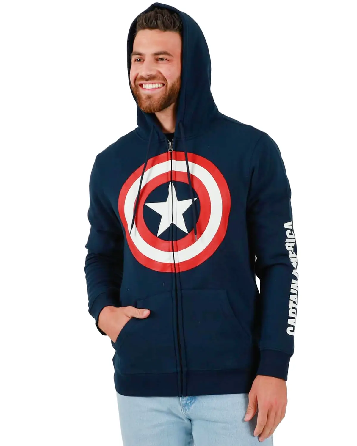 Marvel Captain America Men's Shield Logo Long Sleeve Zip-Up Hoodie - Cotton, Breathable, Ribbed Hem, Graphic, Casual Menswear Tops