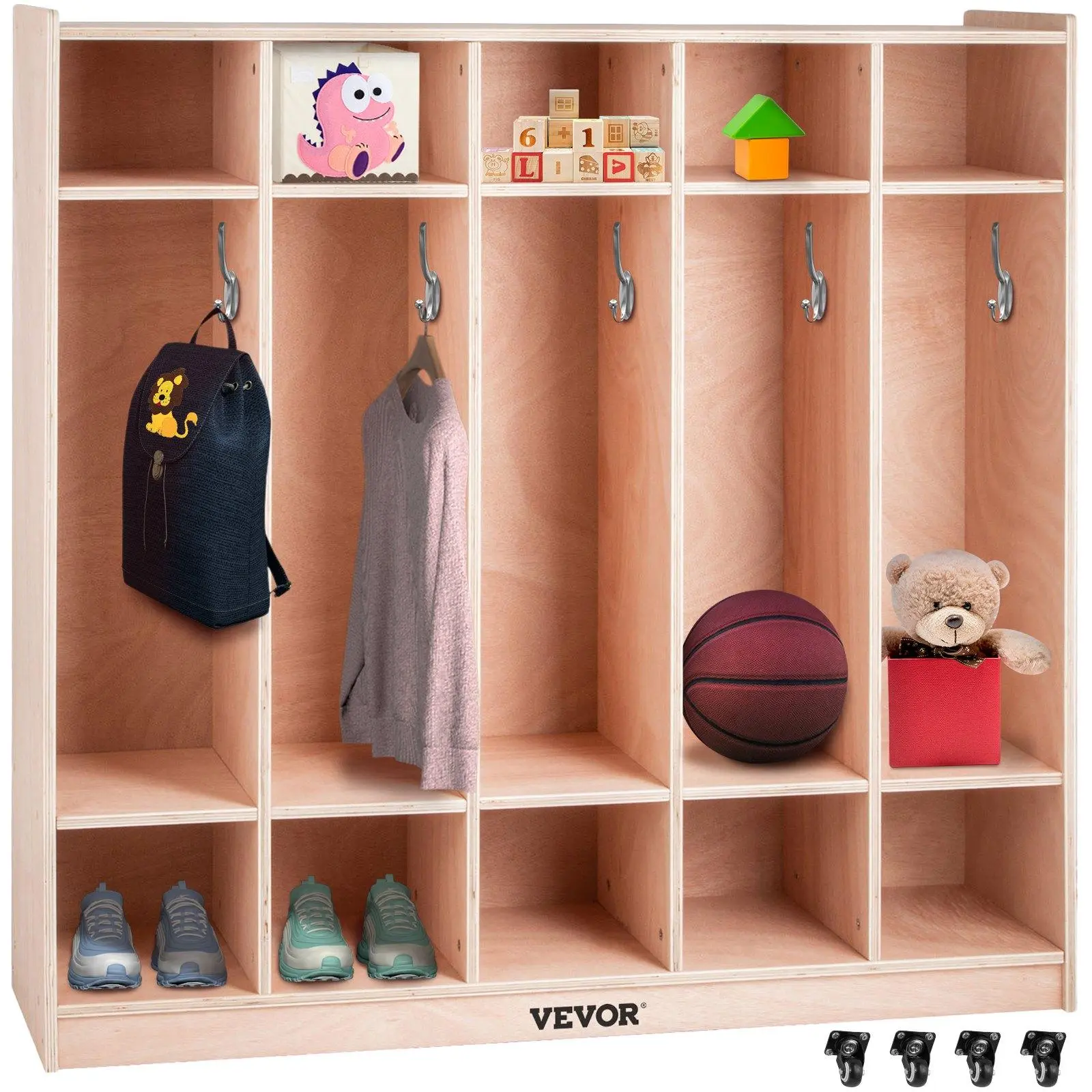 【Backtoschool】VEVOR Coat Locker, 5-Section Daycare Cubby Coat Rack 48×13×48 inch, Classroom Coat Locker and Backpack Hanger, with 5 Hooks and Storage Boxes, for Kindergarten & School, Natural